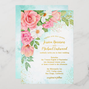 Invitation En Aluminium Bouquet de mariage floral Rose Or Turquoise