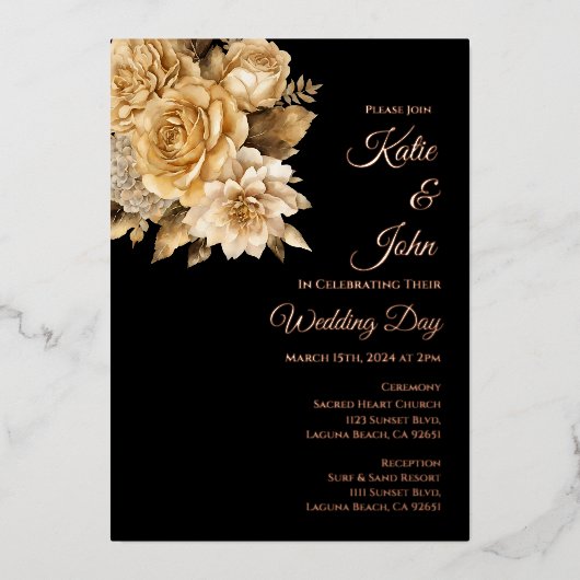 Invitation En Aluminium Bouquet d'or-Mariage noir et or (Recto)