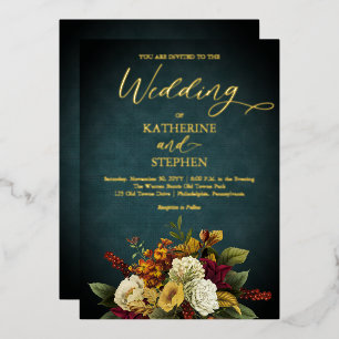 Invitation En Aluminium Bouquet Floral Rustique Sarcelle Orange Rouge