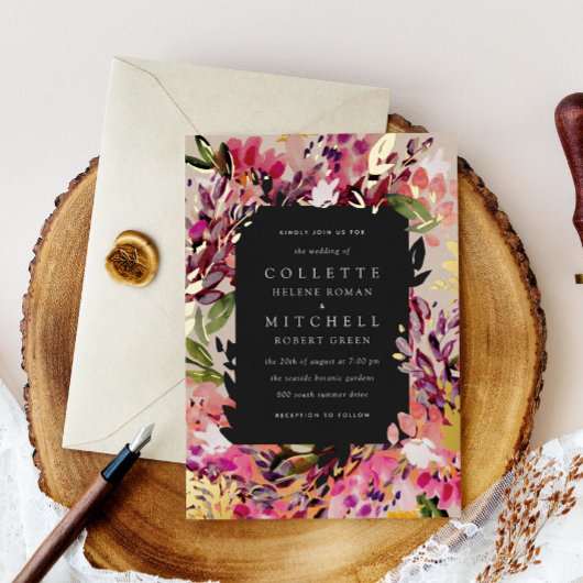 Invitation En Aluminium Bouquet romantique Hot Pink Black Gold