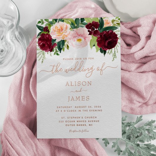 Invitation En Aluminium Bourgogne et Blush Floral Mariage Rose or