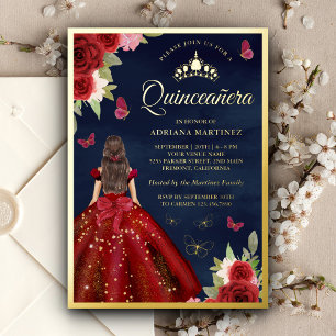 Invitation En Aluminium Bourgogne Floral Papillon Navy Quinceanera Or