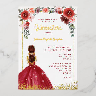 Invitation En Aluminium Bourgogne Gold Floral Ball Gown 15e Quinceanera