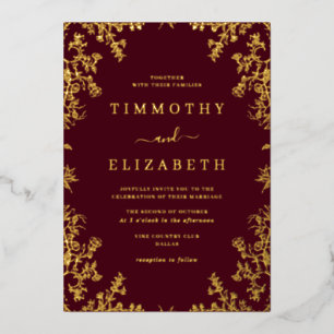 Invitation En Aluminium Bourgogne Gold Floral Élégant Mariage Foil