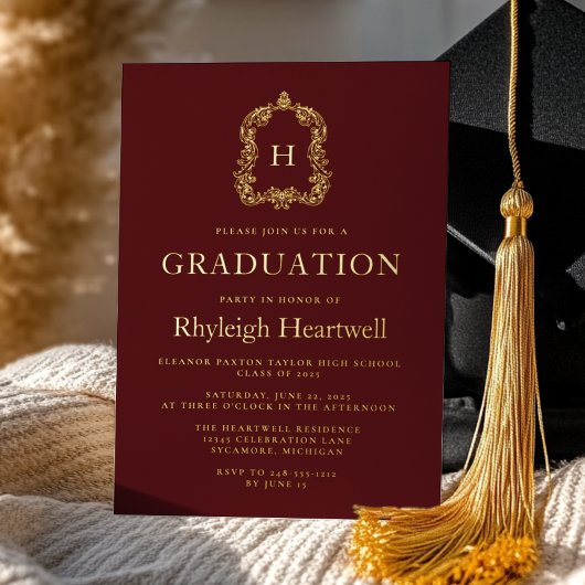 Invitation En Aluminium Bourgogne Gold Monogram Crest Graduation Party