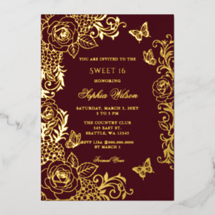Invitation En Aluminium Bourgogne Papillon Floral Doré Sweet 16
