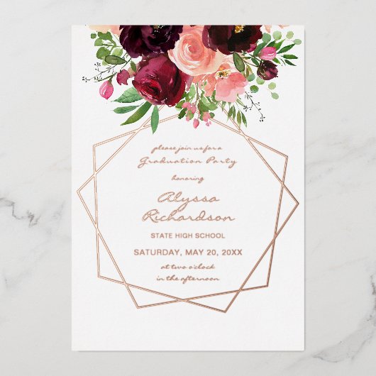 Invitation En Aluminium Bourgogne & Pink Floral & Frame Graduation Party F (Recto)