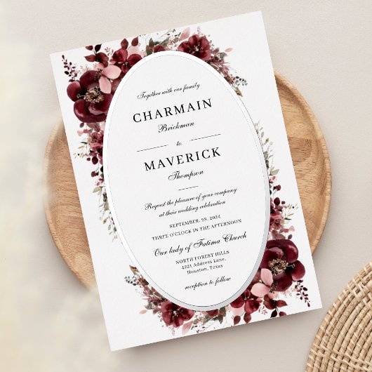 Invitation En Aluminium Bourgogne Rose Floral Mariage Argent