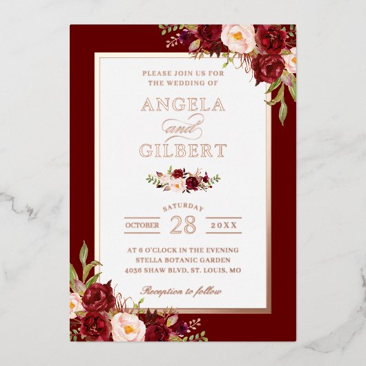 Invitation En Aluminium Bourgogne Rouge Blush Floral Mariage Rose Or (Recto)