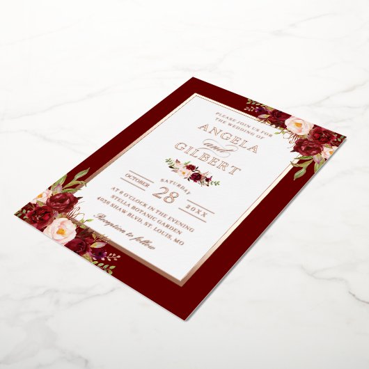 Invitation En Aluminium Bourgogne Rouge Blush Floral Mariage Rose Or (Rotation)