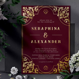 Invitation En Aluminium Bourgogne Rouge et Or Mariage Vintage Marron