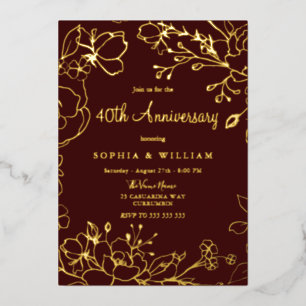 Invitation En Aluminium Bourgogne Rouge Or Floral 40e Anniversaire de Mari