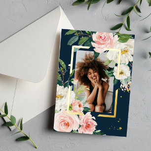 Invitation En Aluminium Bourgogne rustique bleu marine et floral rose véri
