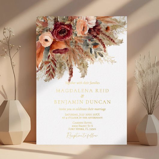 Invitation En Aluminium Bourgogne Terracotta Florals Pampas Mariage de aut