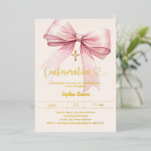 Invitation En Aluminium Bow pink girl cream elegant Confirmation gold (Debout devant)