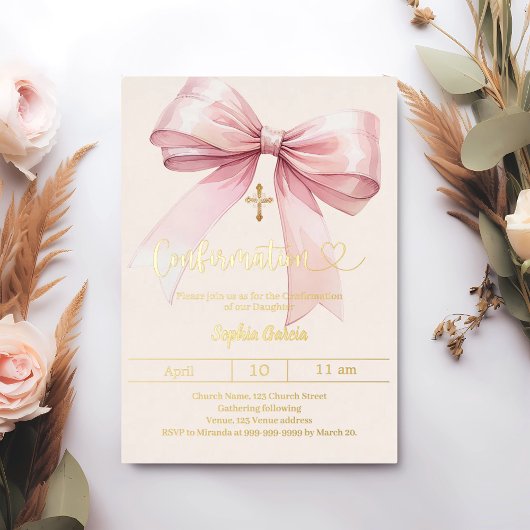 Invitation En Aluminium Bow pink girl cream elegant Confirmation gold