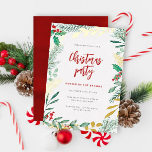 Invitation En Aluminium Branches dorées Feuillage aquarelle Fête de Noël