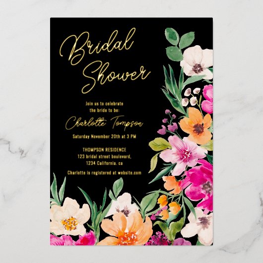 Invitation En Aluminium Bright bold fleurs sauvages script douche de marié (Recto)