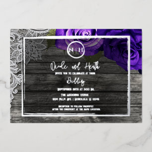 Invitation En Aluminium Bright violet Rose bois et dentelle Rustique Maria