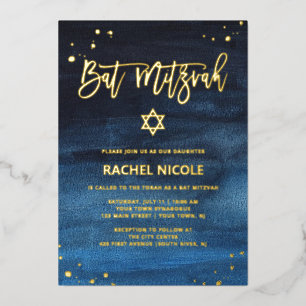 Invitation En Aluminium Brillant bleu et or Bat Mitzvah