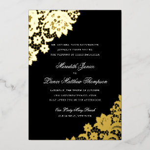 Invitation En Aluminium Broderie de feuille d'or Noir et or écriture maria