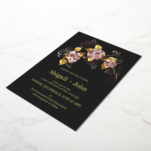 Invitation En Aluminium Broderie florale noire et or (Rotation)