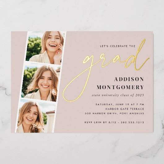 Invitation En Aluminium Brouiller | Photo Strip Graduation Party Gold (Recto)