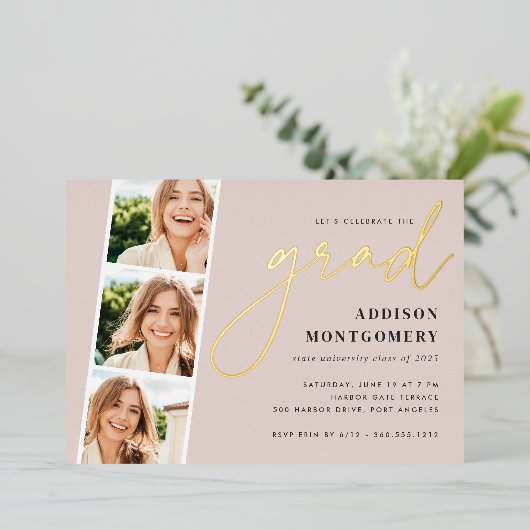Invitation En Aluminium Brouiller | Photo Strip Graduation Party Gold (Debout devant)
