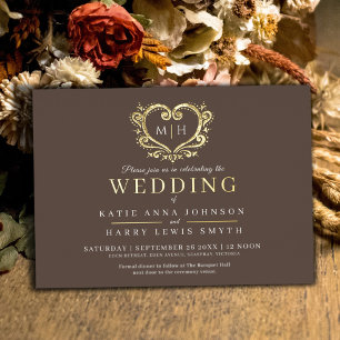 Invitation En Aluminium Brown avec coeur or personnalisé photo retour mari