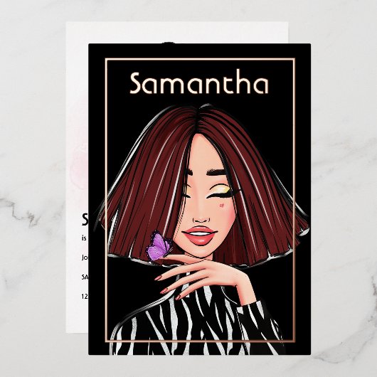 Invitation En Aluminium Brown Haired Girl Birthday Party (Recto/Verso)