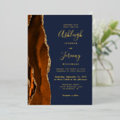 Invitation En Aluminium Brûlé Orange Agate Or Mariage bleu marine (Debout devant)