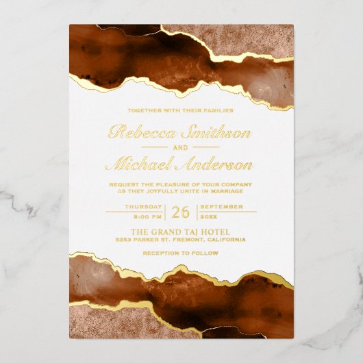 Invitation En Aluminium Brûlé Orange Terracotta Agate Marbre Mariage Or (Recto)