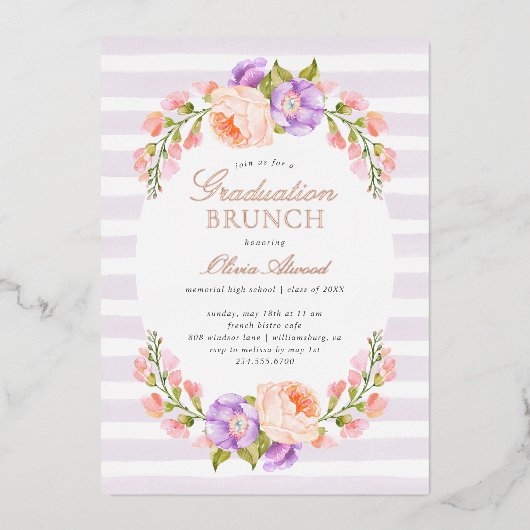 Invitation En Aluminium Brunch de graduation Lilac Stripe and Bloom (Recto)