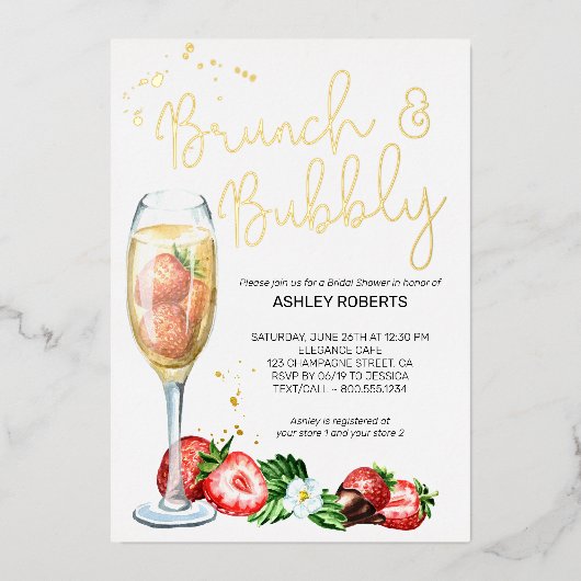 Invitation En Aluminium Brunch Fête des mariées champagne fraise Bubbly (Recto)
