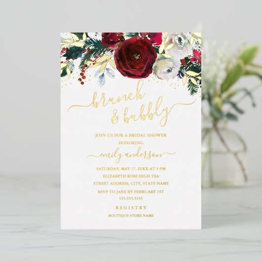 Invitation En Aluminium Brunch Floral Rouge Noel Et Bubbly (Debout devant)