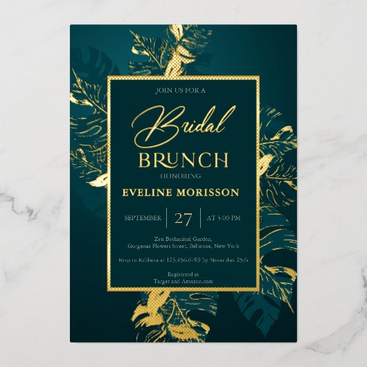 Invitation En Aluminium Brunch nuptial vert émeraude et véritable feuille (Recto)