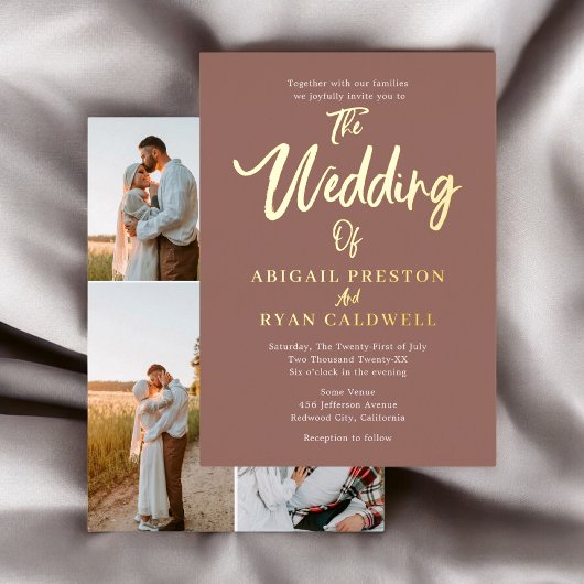 Invitation En Aluminium Brush Calligraphy 4 Photo Mariage Brown