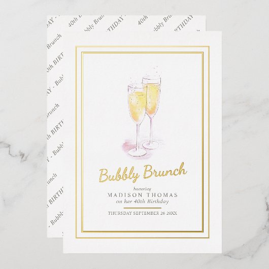Invitation En Aluminium Bubbly brunch champagne bulles événement 40e (Recto/Verso)