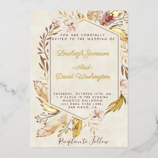 Invitation En Aluminium Budget Boho plumes mariage (Recto)