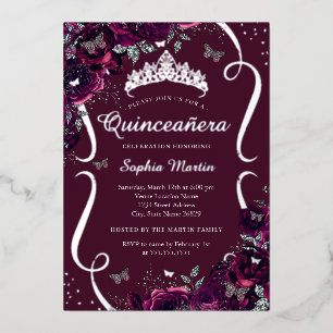 Invitation En Aluminium Burgundy Argent Floral Rose Papillon Quinceanera