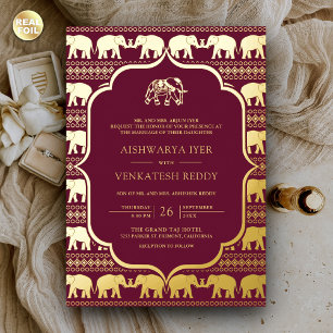 Invitation En Aluminium Burgundy Elephant Indien Photo Mariage Gold