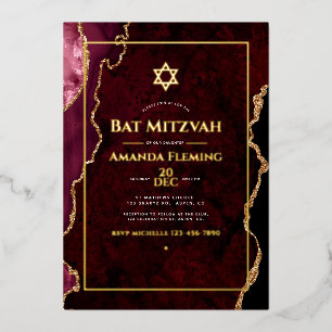 Invitation En Aluminium Burgundy et or Fausse Agate Bat Mitzvah