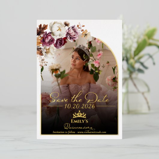Invitation En Aluminium Burgundy Fall Quinceanera Photo Enregistrer La Dat (Debout devant)
