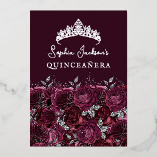 Invitation En Aluminium Burgundy Fleur Rose Argent Quinceanera