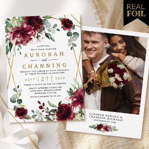 Invitation En Aluminium Burgundy Fleurs Géométriques Photo Mariage Or