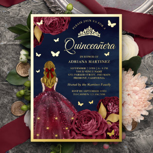 Invitation En Aluminium Burgundy Floral Butterfly Marine Quinceanera Gold