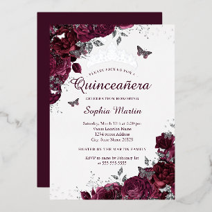 Invitation En Aluminium Burgundy Floral Élégant Quinceanera Argent