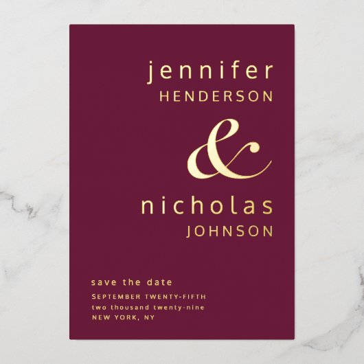 Invitation En Aluminium Burgundy Gold Ampersand Enregistrer le Mariage La (Recto)