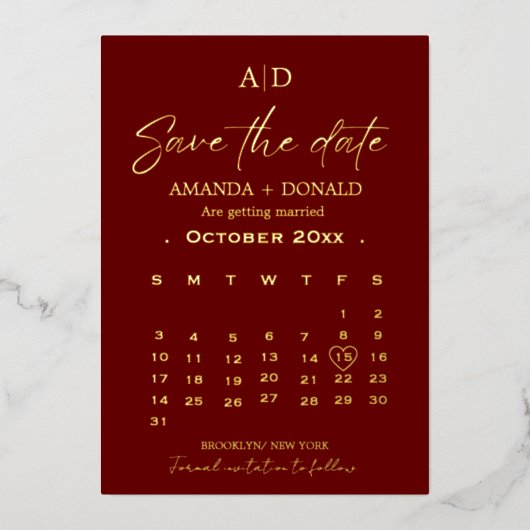 Invitation En Aluminium Burgundy Gold Calendrier Mariage Enregistrer la da (Recto)