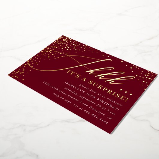 Invitation En Aluminium Burgundy & Gold Confetti Script Surprise Party (Rotation)
